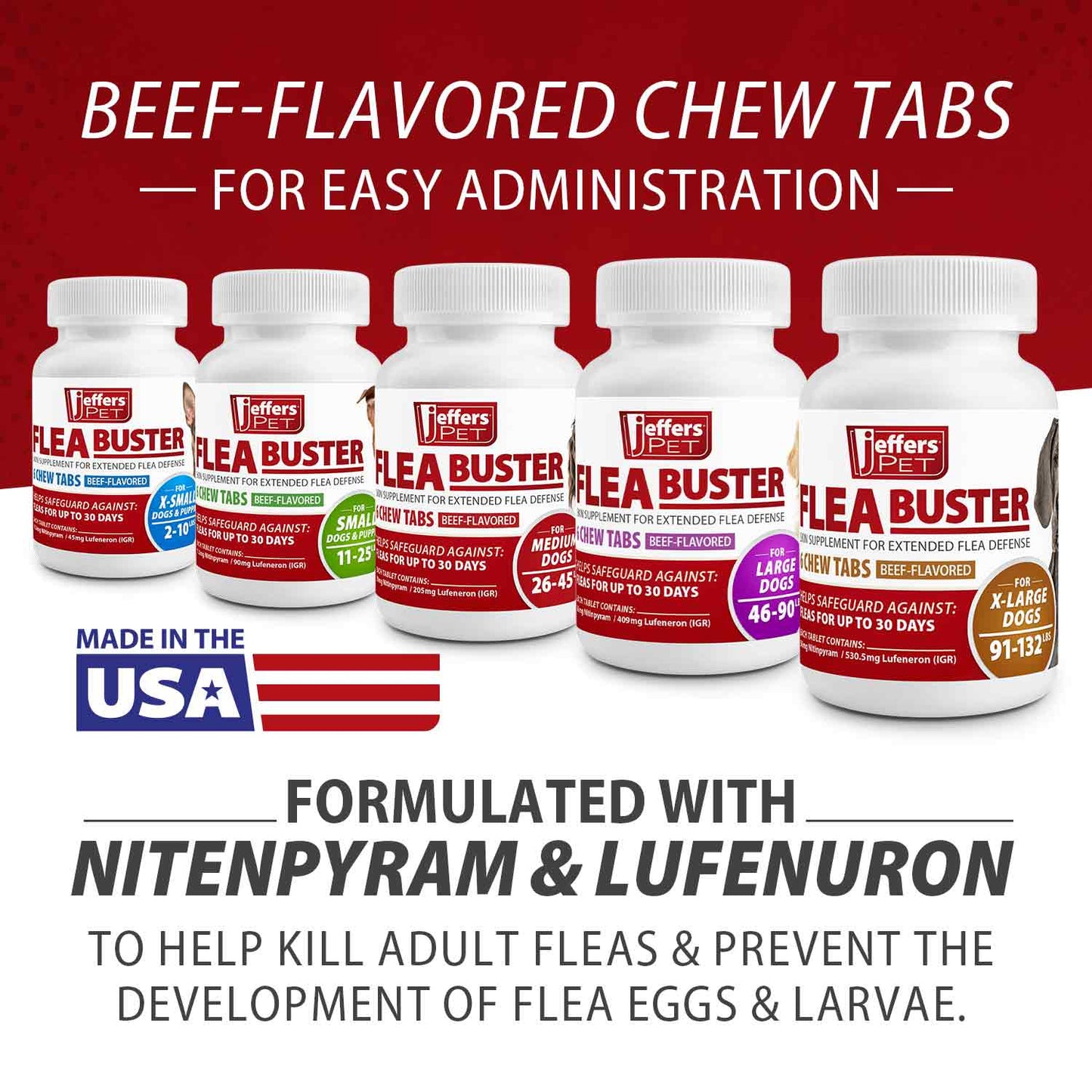 jeffers pet flea buster chewable tablets for dogs 11-25 lbs, beef flavor supplement for small dogs and puppies, monthly dog flea support, made in usa, easy to feed dog tablets - 6 count
