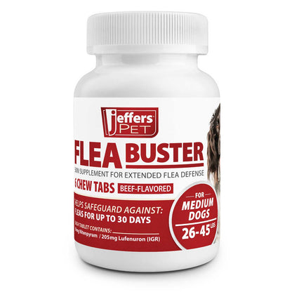 Jeffers Pet Flea Buster Chewable Tablets for Dogs 26-45 lbs, Beef Flavor Supplement for Medium Dogs, Monthly Dog Flea Support, Made in USA, Easy to Feed Dog Tablets - 6 Count
