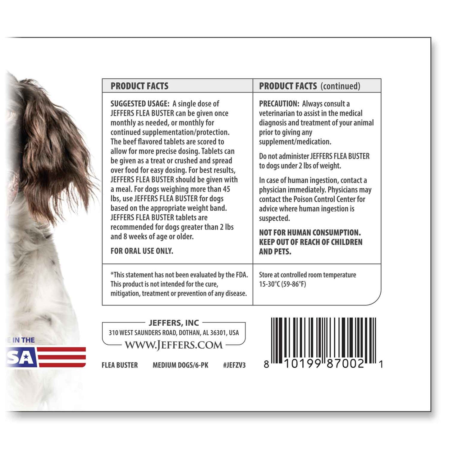 jeffers pet flea buster chewable tablets for dogs 26-45 lbs, beef flavor supplement for medium dogs, monthly dog flea support, made in usa, easy to feed dog tablets - 6 count