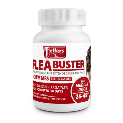 Jeffers Pet Flea Buster Chewable Tablets for Dogs 26-45 lbs, Beef Flavor Supplement for Medium Dogs, Monthly Dog Flea Support, Made in USA, Easy to Feed Dog Tablets - 6 Count
