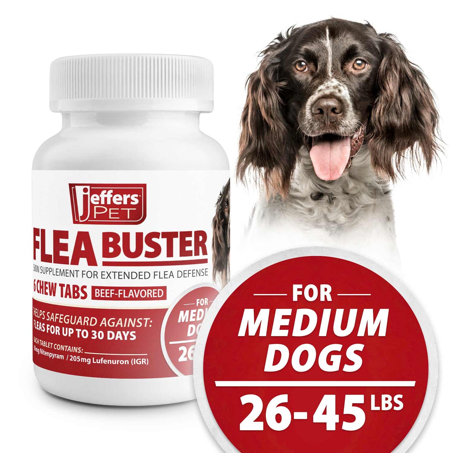 jeffers pet flea buster chewable tablets for dogs 26-45 lbs, beef flavor supplement for medium dogs, monthly dog flea support, made in usa, easy to feed dog tablets - 6 count
