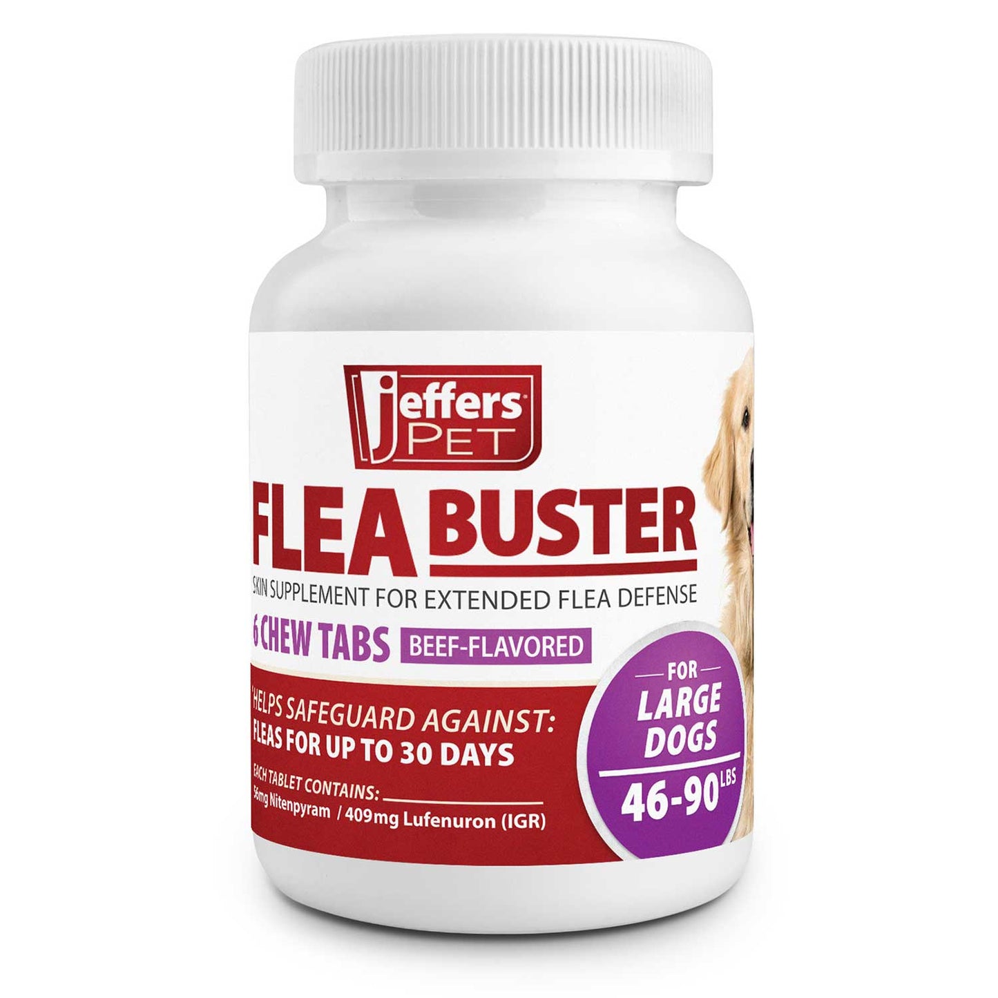 jeffers pet flea buster chewable tablets for dogs 46-90 lbs, beef flavor supplement for large dogs, monthly dog flea support, made in usa, easy to feed dog tablets - 6 count