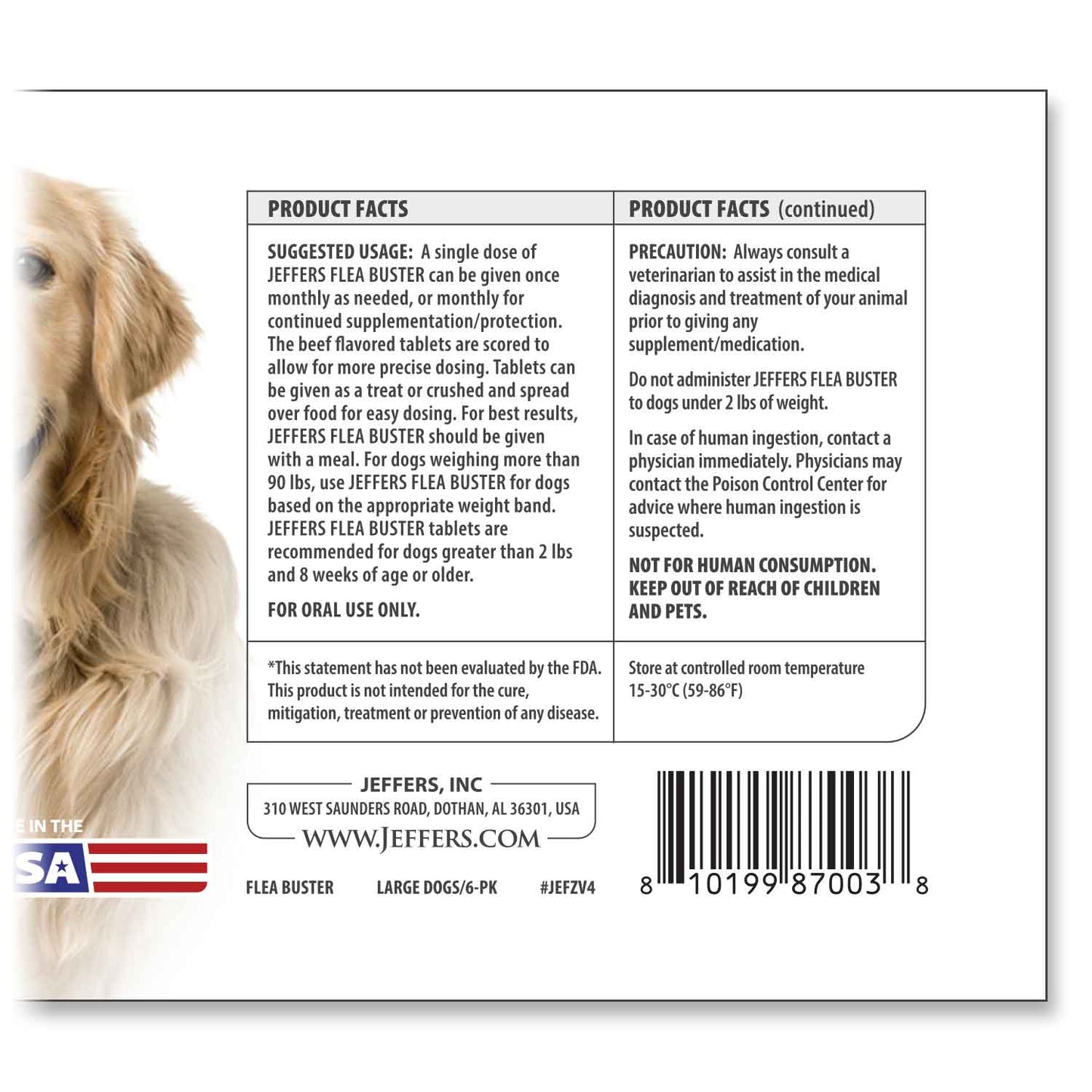 jeffers pet flea buster chewable tablets for dogs 46-90 lbs, beef flavor supplement for large dogs, monthly dog flea support, made in usa, easy to feed dog tablets - 6 count