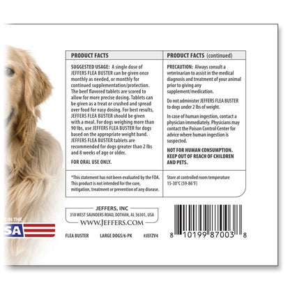 Jeffers Pet Flea Buster Chewable Tablets for Dogs 46-90 lbs, Beef Flavor Supplement for Large Dogs, Monthly Dog Flea Support, Made in USA, Easy to Feed Dog Tablets - 6 Count