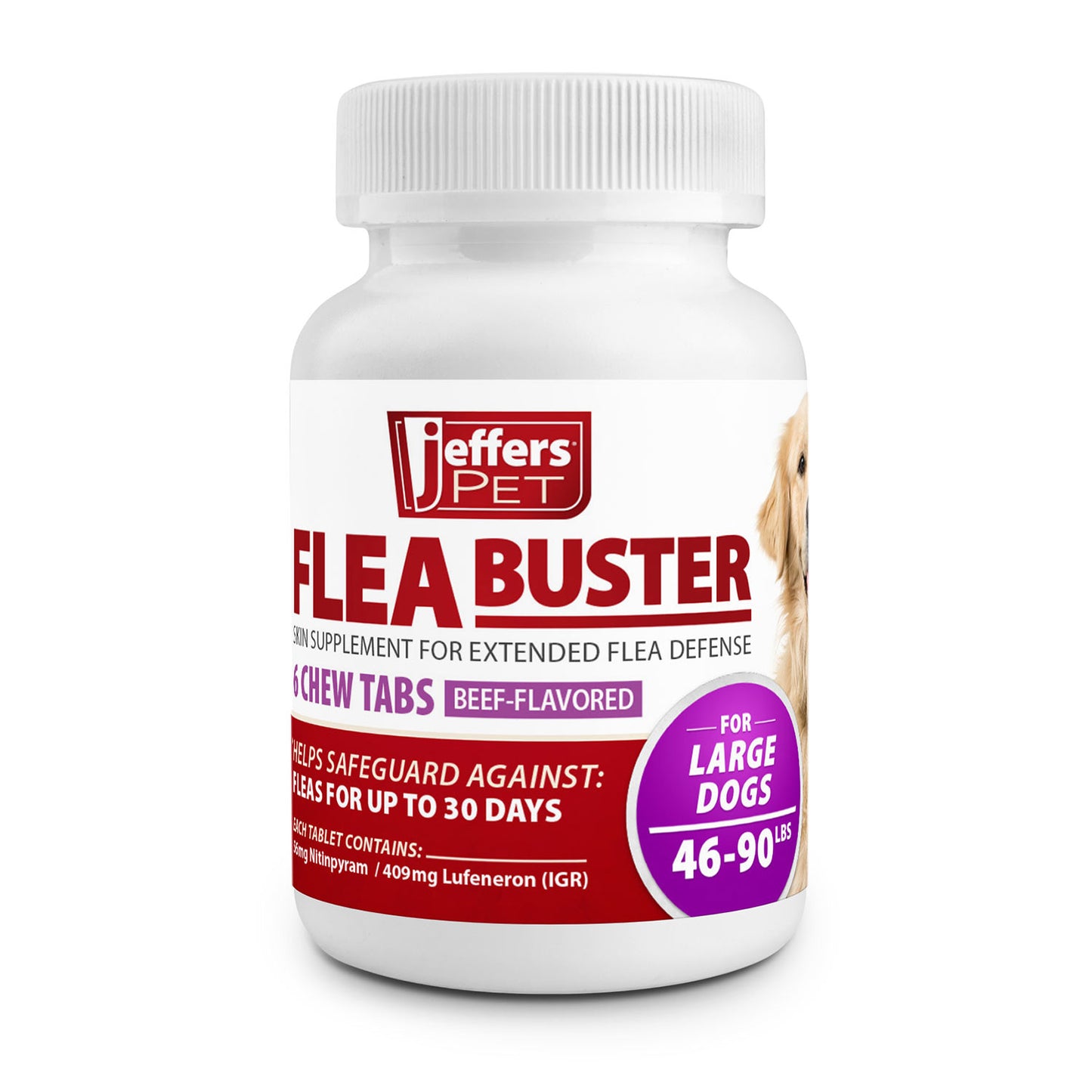 jeffers pet flea buster chewable tablets for dogs 46-90 lbs, beef flavor supplement for large dogs, monthly dog flea support, made in usa, easy to feed dog tablets - 6 count