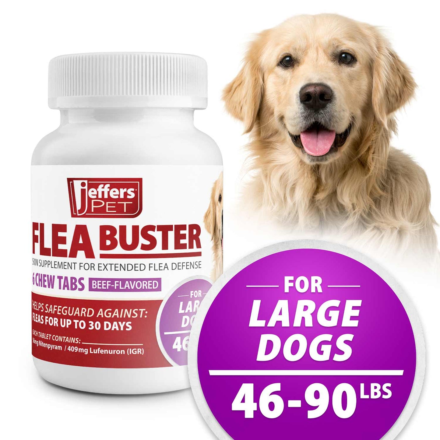 jeffers pet flea buster chewable tablets for dogs 46-90 lbs, beef flavor supplement for large dogs, monthly dog flea support, made in usa, easy to feed dog tablets - 6 count