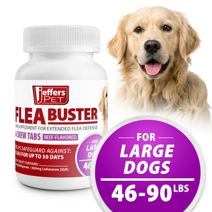 Jeffers Pet Flea Buster Chewable Tablets for Dogs 46-90 lbs, Beef Flavor Supplement for Large Dogs, Monthly Dog Flea Support, Made in USA, Easy to Feed Dog Tablets - 6 Count