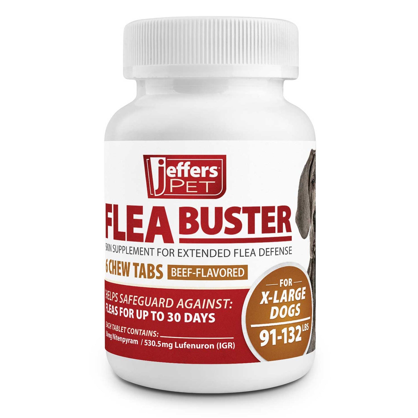 jeffers pet flea buster chewable tablets for dogs  91-132lbs, beef flavor supplement for extra large dogs, monthly dog flea support, made in usa, easy to feed dog tablets - 6 count