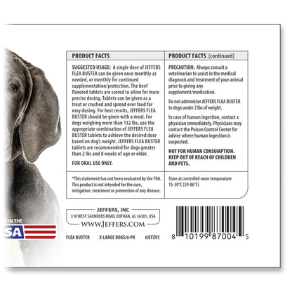 Jeffers Pet Flea Buster Chewable Tablets for Dogs  91-132lbs, Beef Flavor Supplement for Extra Large Dogs, Monthly Dog Flea Support, Made in USA, Easy to Feed Dog Tablets - 6 Count