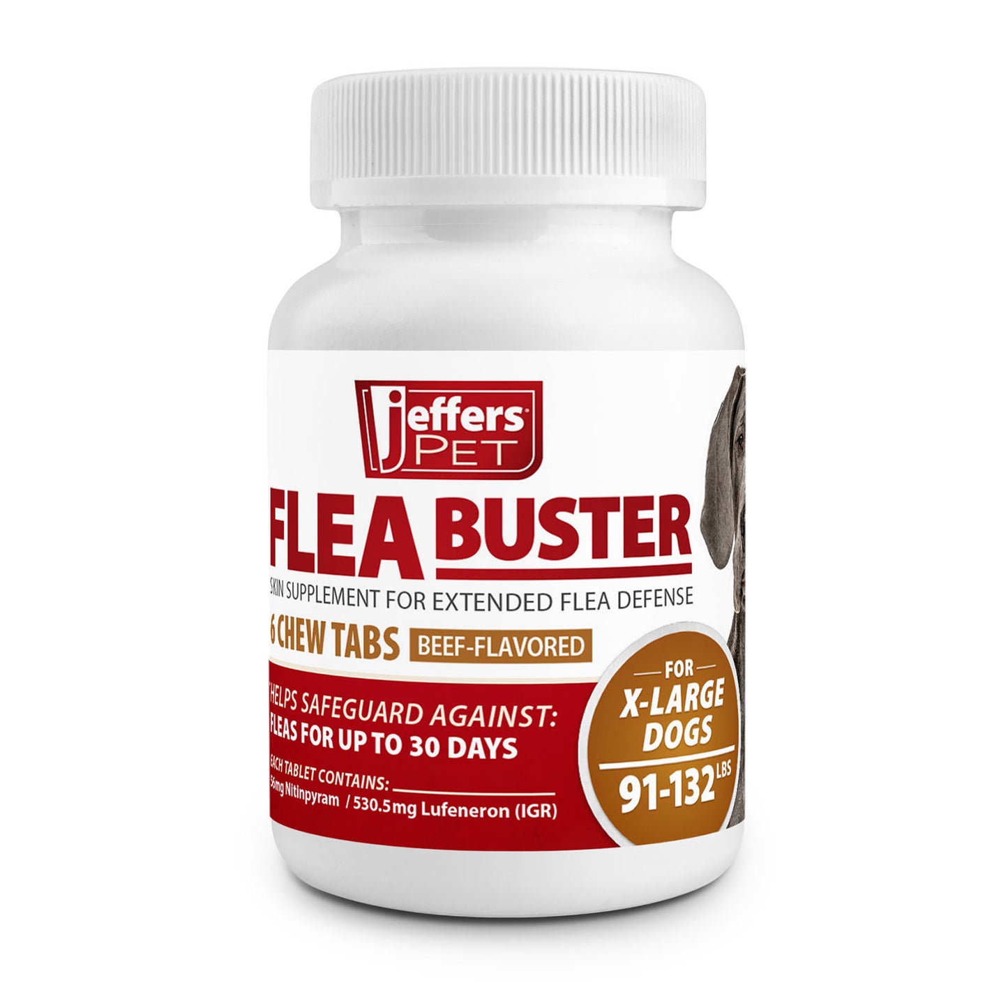 jeffers pet flea buster chewable tablets for dogs  91-132lbs, beef flavor supplement for extra large dogs, monthly dog flea support, made in usa, easy to feed dog tablets - 6 count