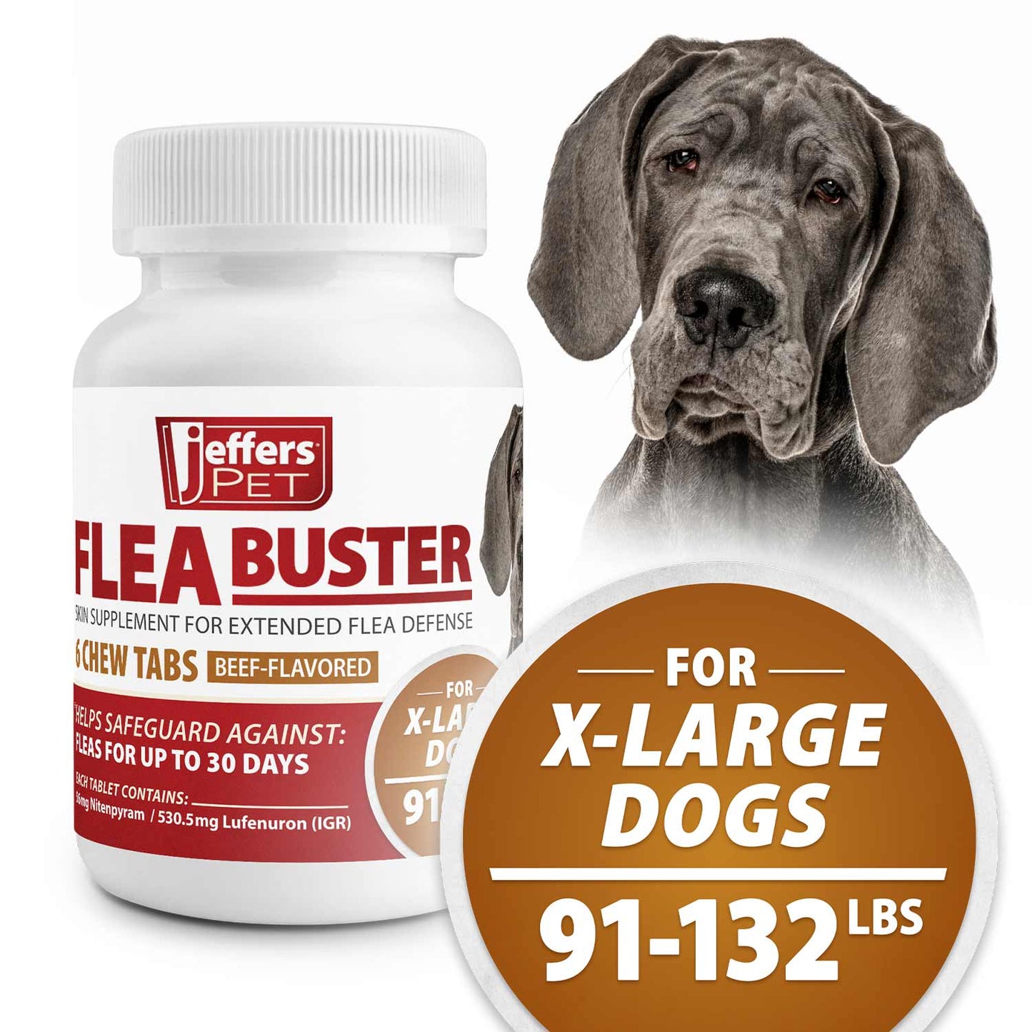jeffers pet flea buster chewable tablets for dogs  91-132lbs, beef flavor supplement for extra large dogs, monthly dog flea support, made in usa, easy to feed dog tablets - 6 count