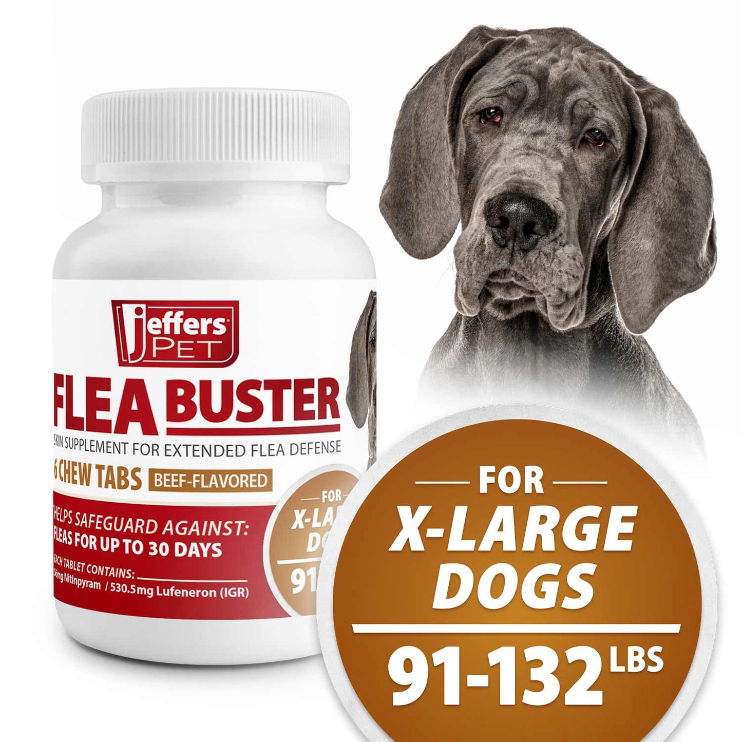 jeffers pet flea buster chewable tablets for dogs  91-132lbs, beef flavor supplement for extra large dogs, monthly dog flea support, made in usa, easy to feed dog tablets - 6 count