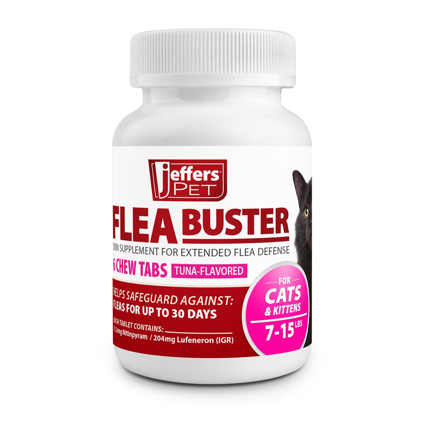jeffers pet flea buster chewable tablets for cat and kittens 7-15 lbs, tuna flavor supplements, monthly cat flea support, made in usa, easy to feed cat tablets, travel friendly - 6 count
