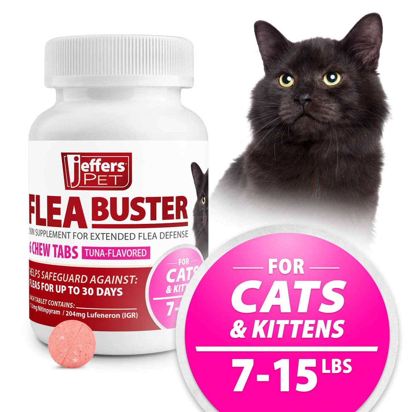 jeffers pet flea buster chewable tablets for cat and kittens 7-15 lbs, tuna flavor supplements, monthly cat flea support, made in usa, easy to feed cat tablets, travel friendly - 6 count