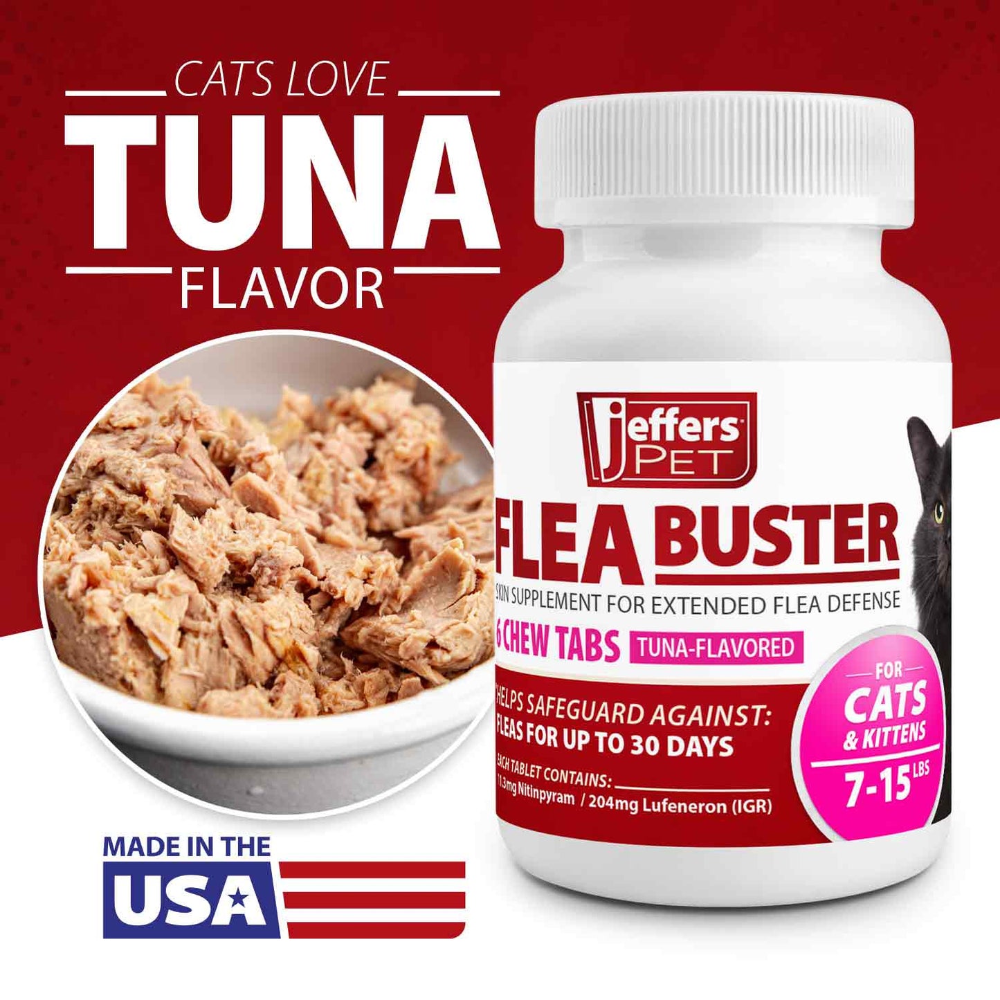jeffers pet flea buster chewable tablets for cat and kittens 7-15 lbs, tuna flavor supplements, monthly cat flea support, made in usa, easy to feed cat tablets, travel friendly - 6 count