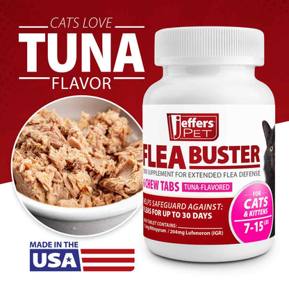Jeffers Pet Flea Buster Chewable Tablets for Cat and Kittens 7-15 lbs, Tuna Flavor Supplements, Monthly Cat Flea Support, Made in USA, Easy to Feed Cat Tablets, Travel Friendly - 6 Count