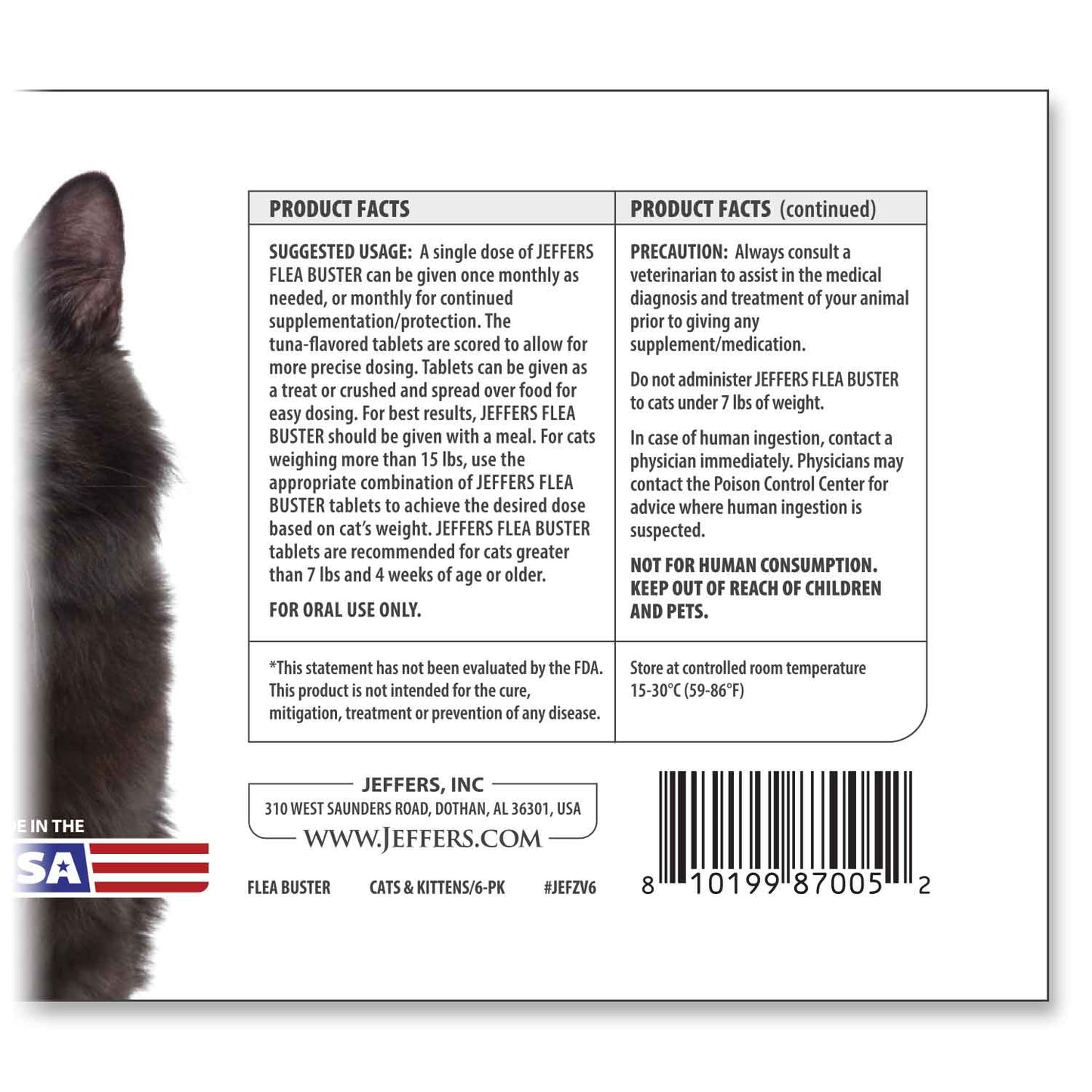 jeffers pet flea buster chewable tablets for cat and kittens 7-15 lbs, tuna flavor supplements, monthly cat flea support, made in usa, easy to feed cat tablets, travel friendly - 6 count
