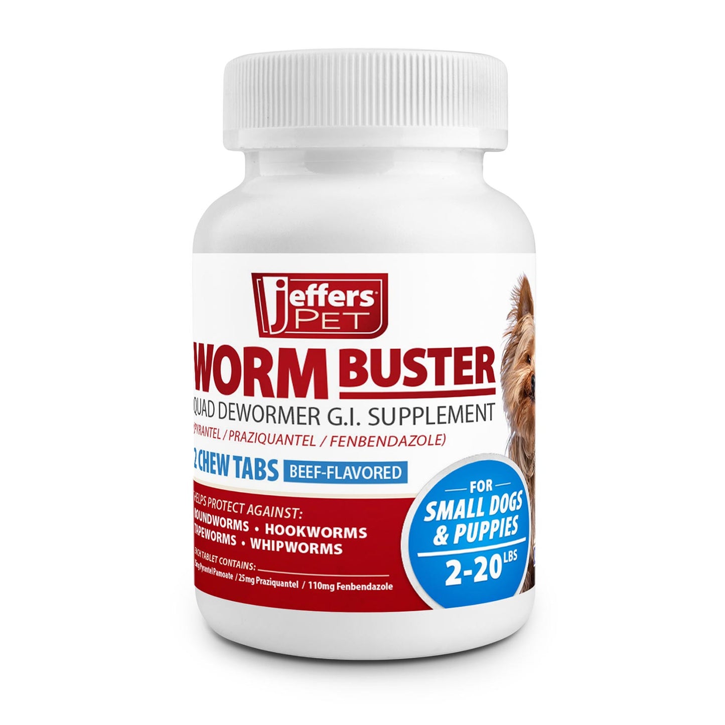 jeffers pet worm buster for dogs, 2 beef-flavored chew tablets – dog care supplement for puppies & small dogs (2–20 lbs)