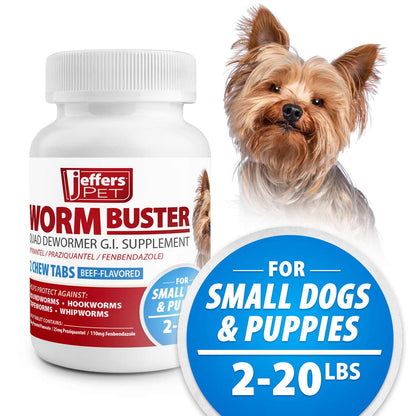 Jeffers Pet Worm Buster for Dogs, 2 Beef-Flavored Chew Tablets – Dog Care Supplement for Puppies & Small Dogs (2–20 lbs)