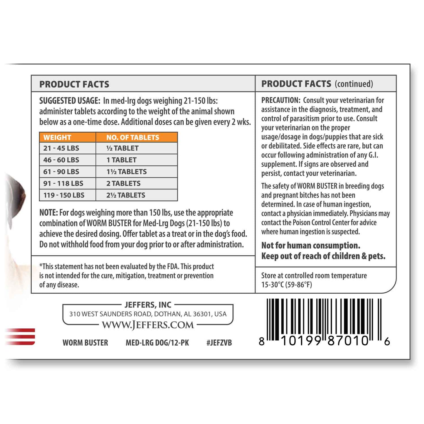 worm buster dog dewormer tablets (21-150lb), 12-count