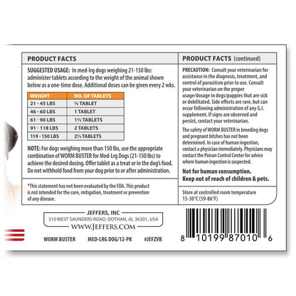 Worm Buster Dog Dewormer Tablets (21-150lb), 12-count