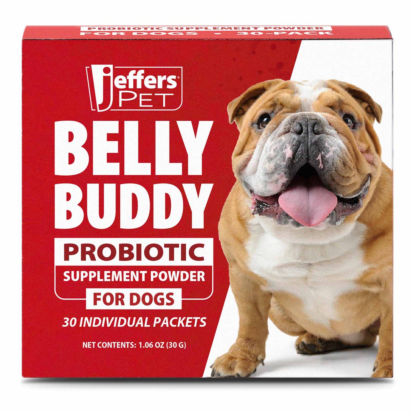 jeffers belly buddy dog probiotic powder packets, 30 count - veterinary formulated, four probiotic strains & vitamins for gut health, diarrhea & digestive balance, chicken liver flavor, usa made