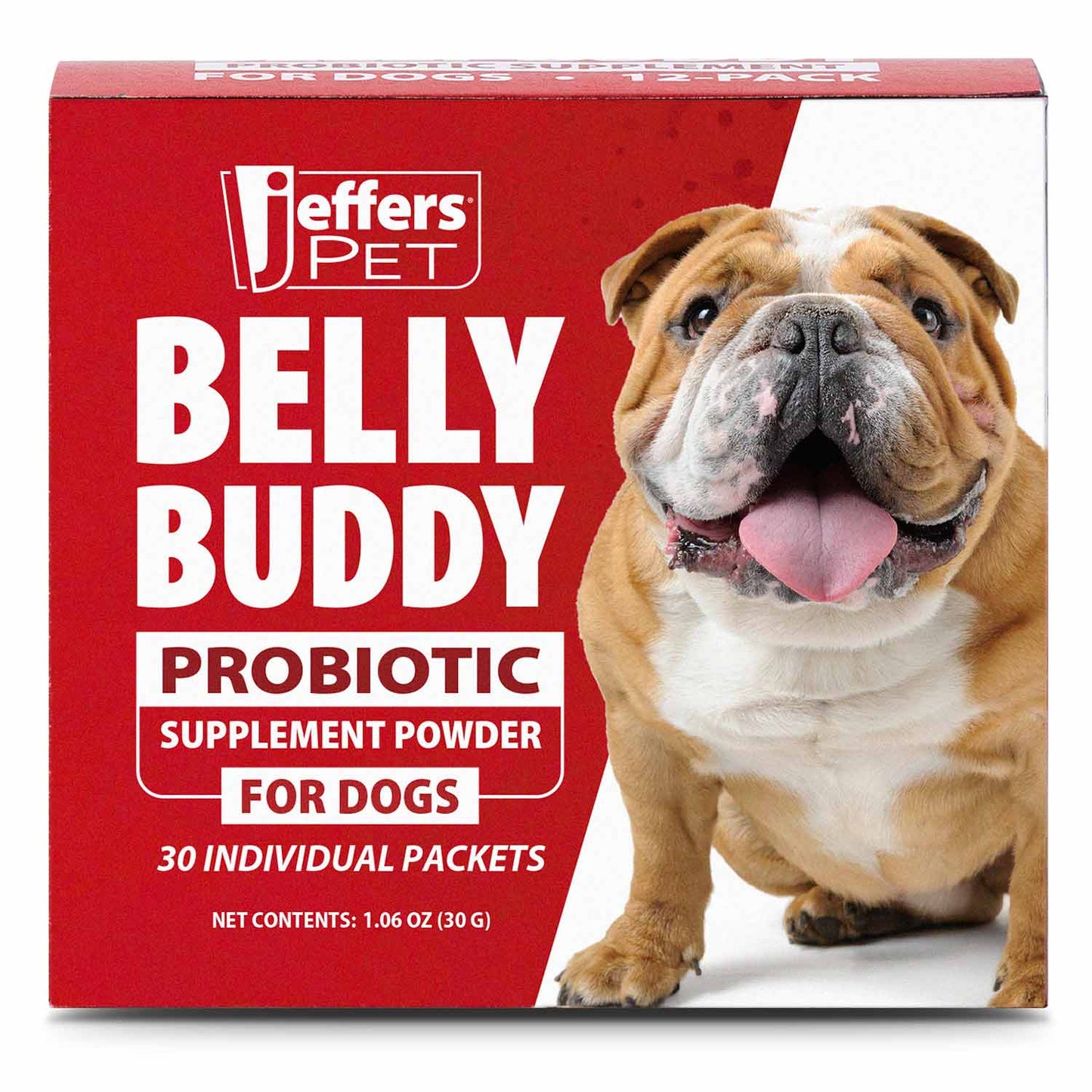jeffers belly buddy dog probiotic powder packets, 30 count - veterinary formulated, four probiotic strains & vitamins for gut health, diarrhea & digestive balance, chicken liver flavor, usa made