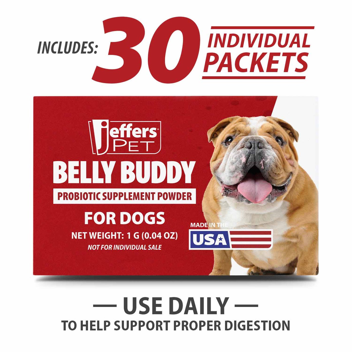 jeffers belly buddy dog probiotic powder packets, 30 count - veterinary formulated, four probiotic strains & vitamins for gut health, diarrhea & digestive balance, chicken liver flavor, usa made