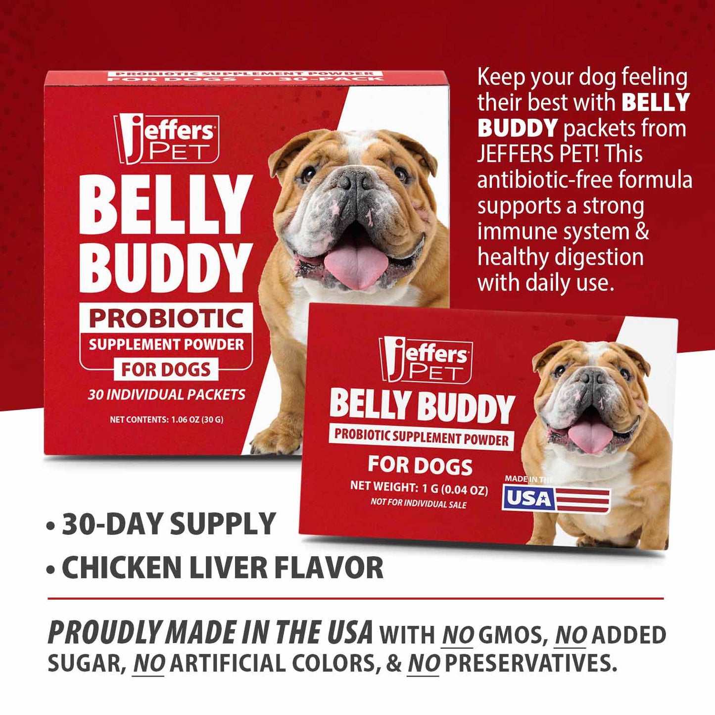 jeffers belly buddy dog probiotic powder packets, 30 count - veterinary formulated, four probiotic strains & vitamins for gut health, diarrhea & digestive balance, chicken liver flavor, usa made