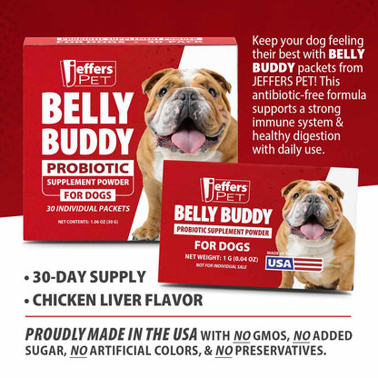 Jeffers Belly Buddy Dog Probiotic Powder Packets, 30 Count - Veterinary Formulated, Four Probiotic Strains & Vitamins for Gut Health, Diarrhea & Digestive Balance, Chicken Liver Flavor, USA Made