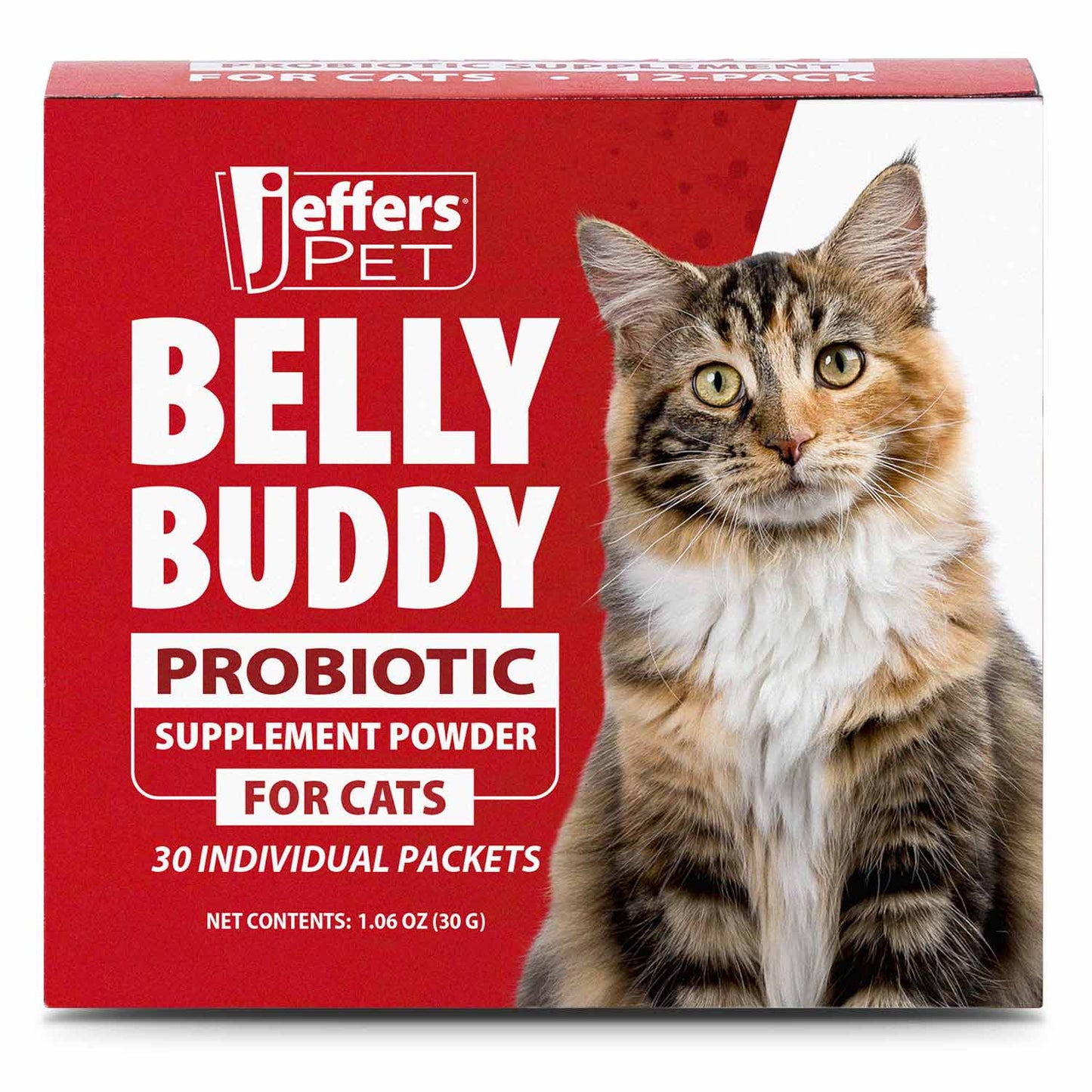 jeffers belly buddy cat probiotic powder packets, 30 count - veterinary formulated, four probiotic strains & vitamins for gut health, diarrhea & digestive balance, chicken liver flavor, usa made