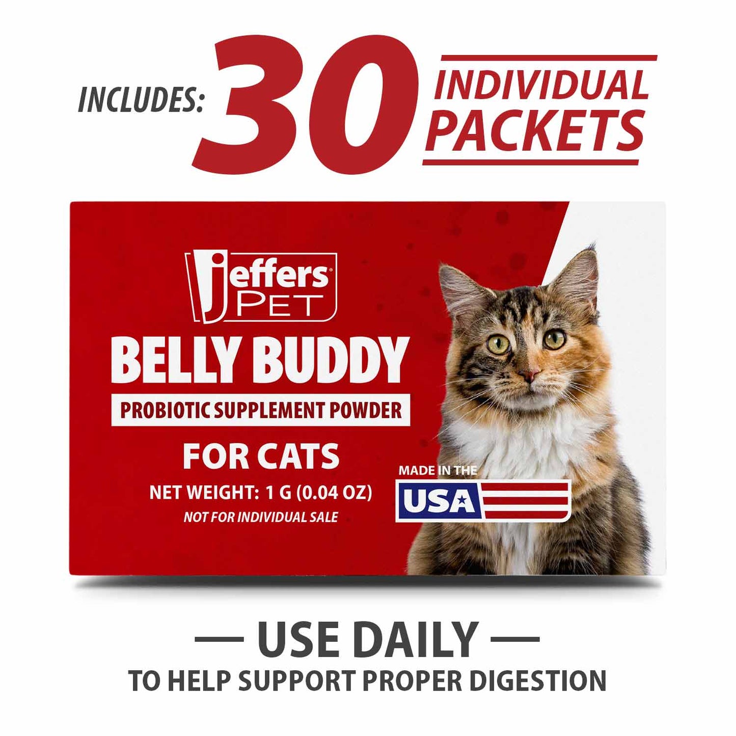 jeffers belly buddy cat probiotic powder packets, 30 count - veterinary formulated, four probiotic strains & vitamins for gut health, diarrhea & digestive balance, chicken liver flavor, usa made