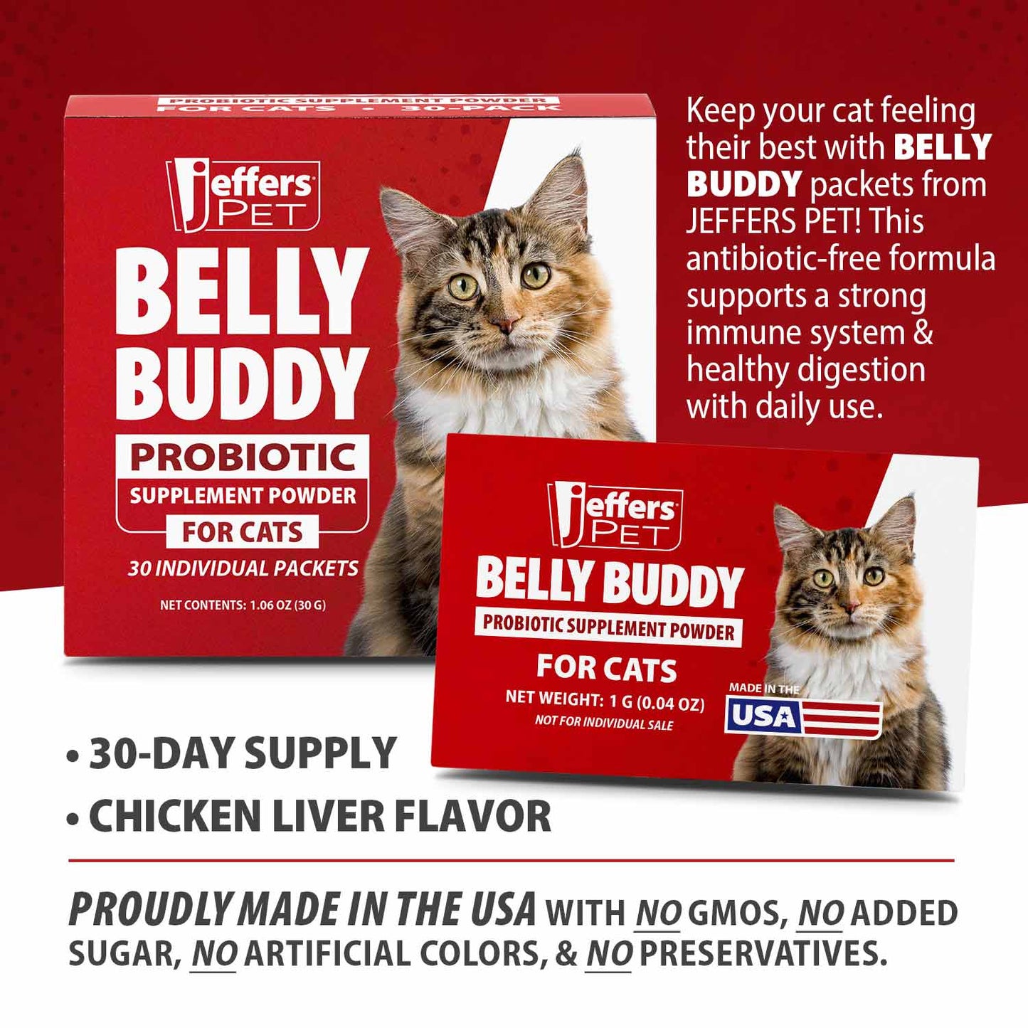jeffers belly buddy cat probiotic powder packets, 30 count - veterinary formulated, four probiotic strains & vitamins for gut health, diarrhea & digestive balance, chicken liver flavor, usa made