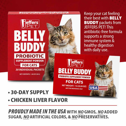 Jeffers Belly Buddy Cat Probiotic Powder Packets, 30 Count - Veterinary Formulated, Four Probiotic Strains & Vitamins for Gut Health, Diarrhea & Digestive Balance, Chicken Liver Flavor, USA Made