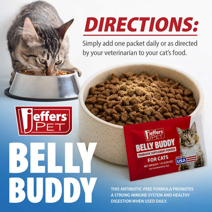 Jeffers Belly Buddy Cat Probiotic Powder Packets, 30 Count - Veterinary Formulated, Four Probiotic Strains & Vitamins for Gut Health, Diarrhea & Digestive Balance, Chicken Liver Flavor, USA Made