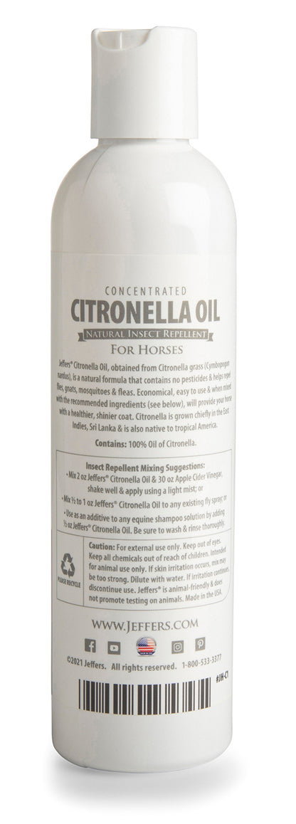Jeffers Citronella Oil for Horses, 8 oz Concentrate, Makes Up to 120 oz Spray, 100% Pure Citronella Oil, Natural Grooming Additive, Fresh Scent Formula for Equine Coat Care