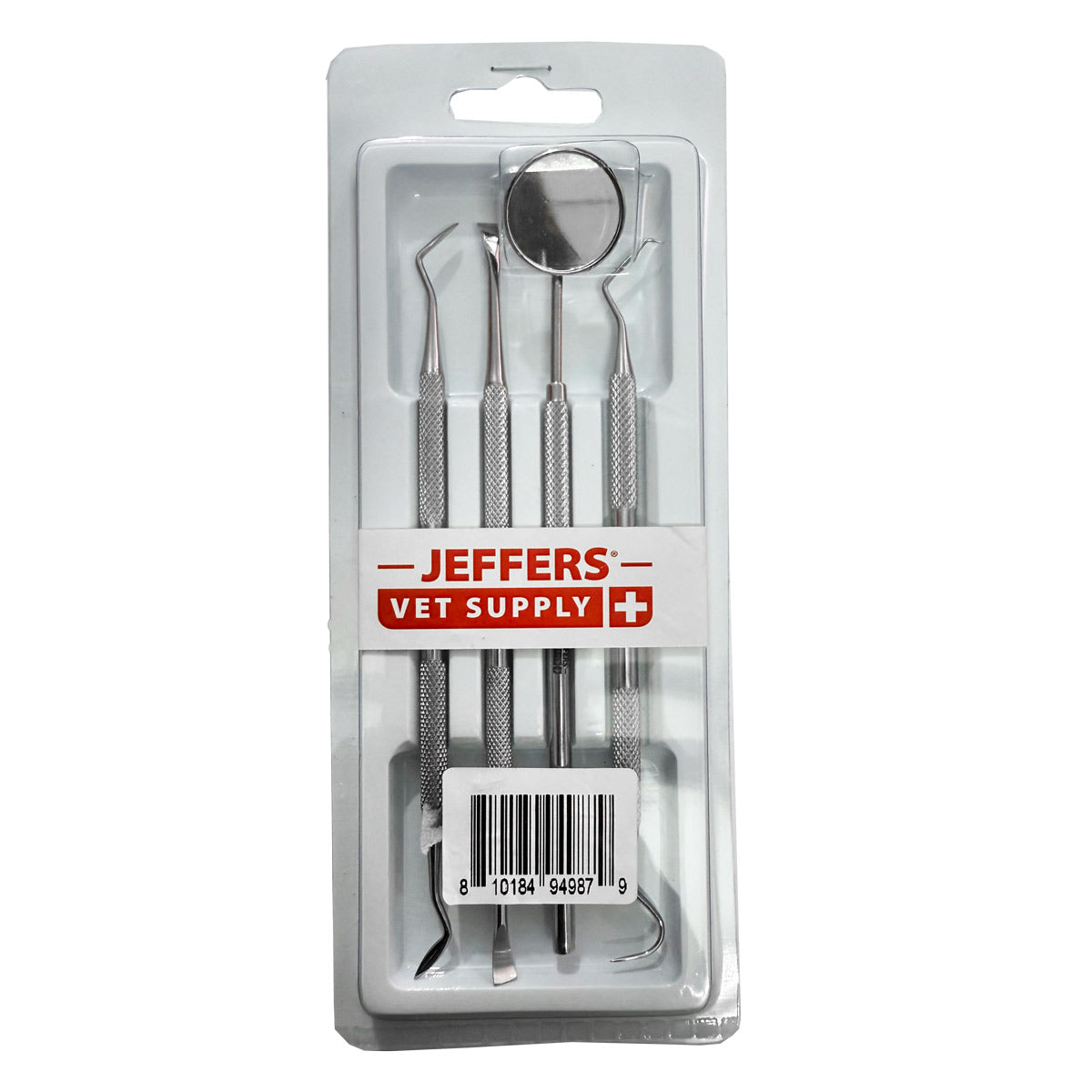 jeffers pet 4 piece stainless steel dental care kit for dogs & cats – tooth scaler, scraper, probe pick & mouth mirror – pet dental tools, grooming supplies, teeth cleaning set, hygiene accessories