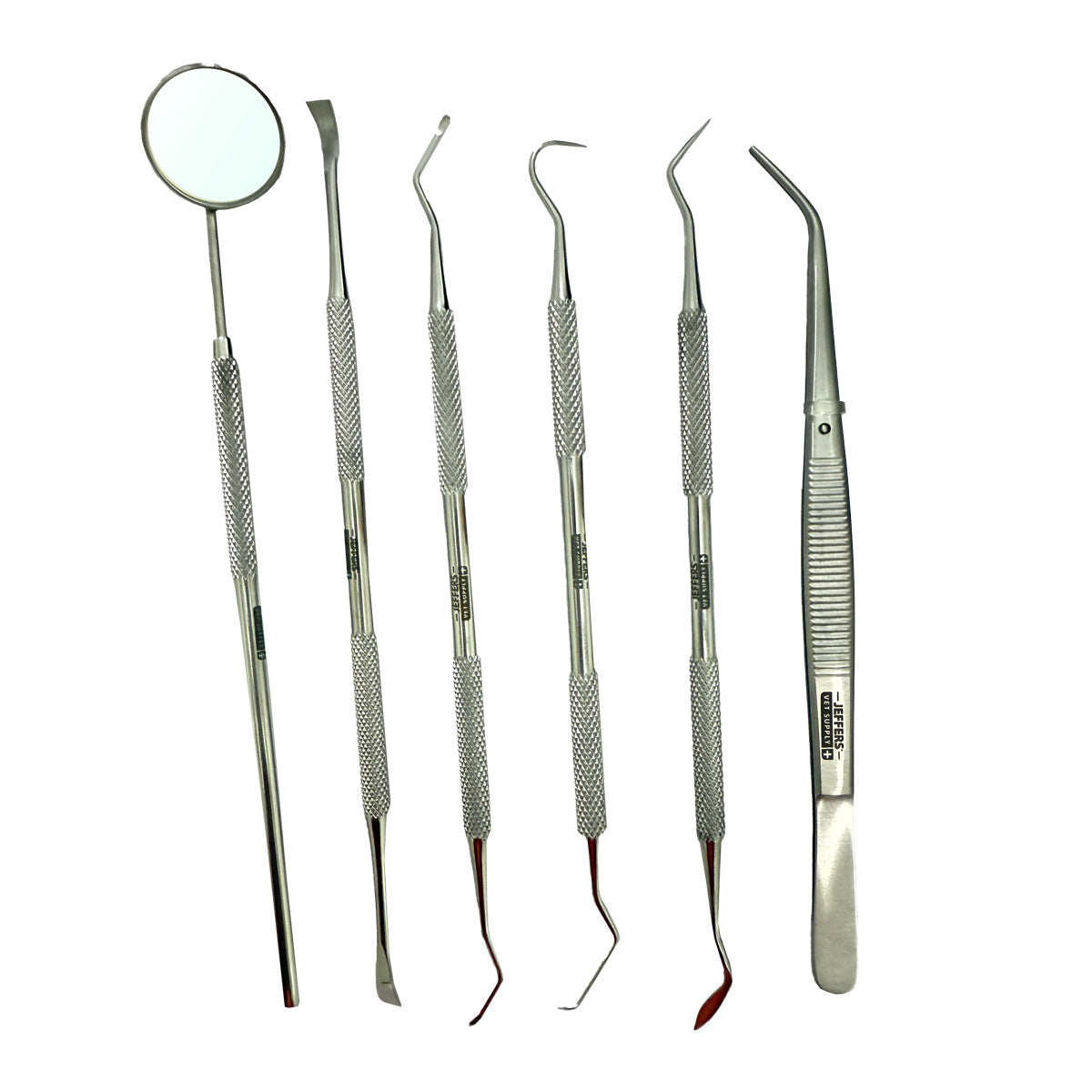 jeffers pet 6 piece stainless steel dental tool kit for dogs & cats – tooth scaler, scraper, probe pick, mirror, tweezers & stain remover – pet grooming tools, teeth cleaning set, hygiene accessories