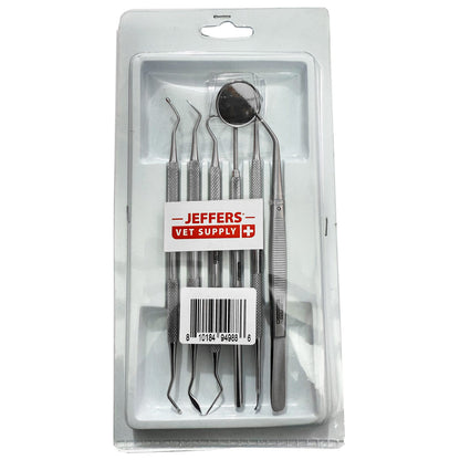 Jeffers Pet 6 Piece Stainless Steel Dental Tool Kit for Dogs & Cats – Tooth Scaler, Scraper, Probe Pick, Mirror, Tweezers & Stain Remover – Pet Grooming Tools, Teeth Cleaning Set, Hygiene Accessories