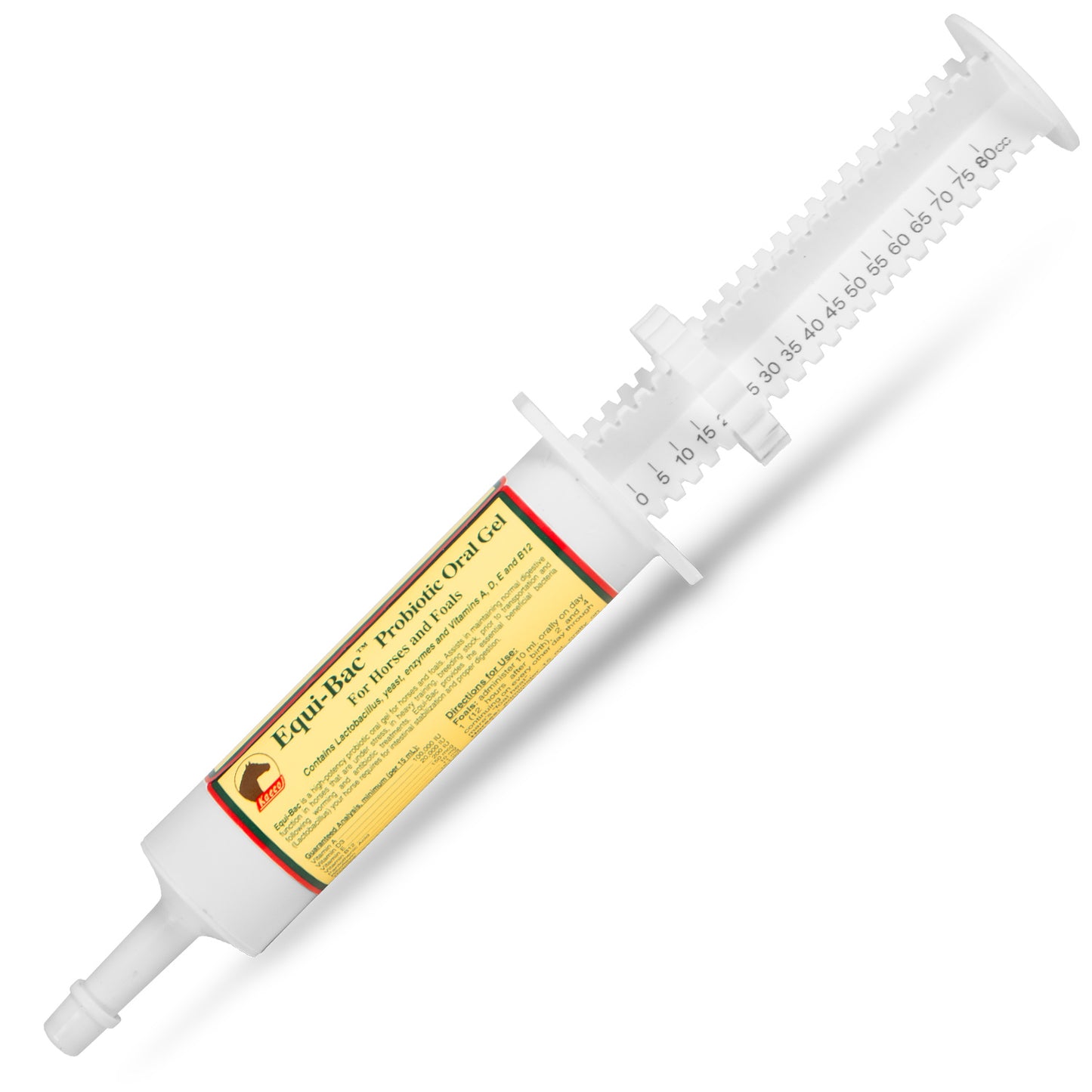 equi-bac oral gel 80 ml, probiotic oral gel for horses and foals, contains lactobacillus, yeast, enzymes, and vitamins a, d, e, and b12