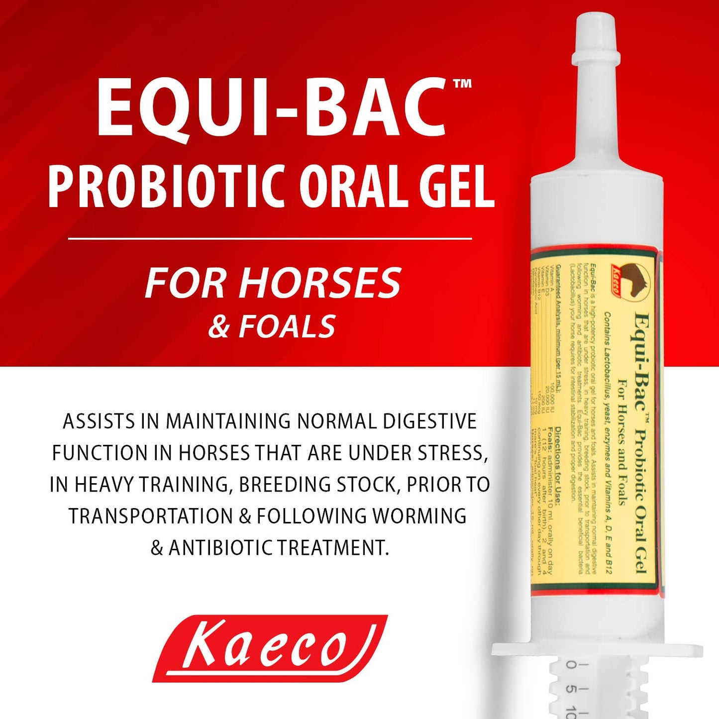 equi-bac oral gel 80 ml, probiotic oral gel for horses and foals, contains lactobacillus, yeast, enzymes, and vitamins a, d, e, and b12