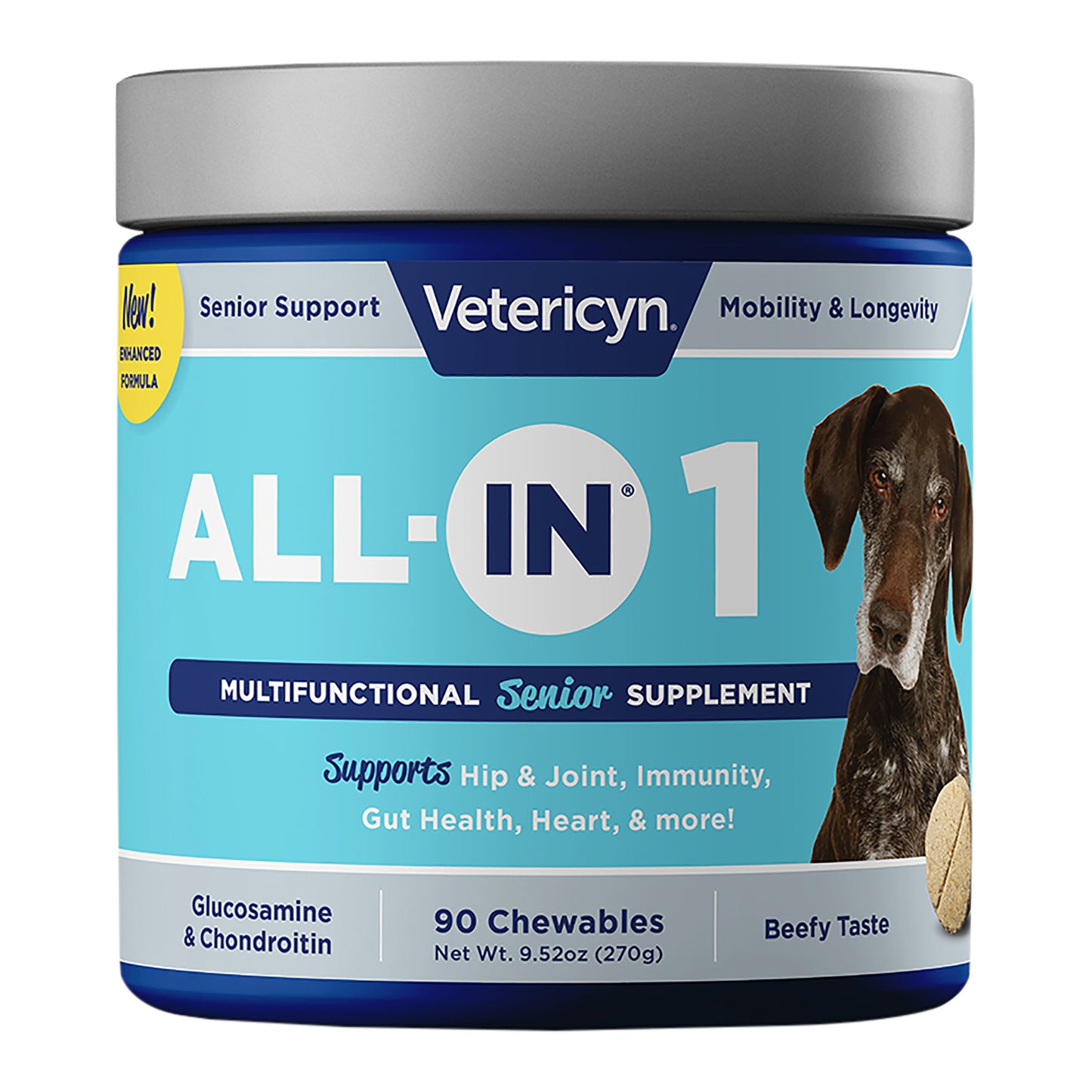 all-in senior formula, 90 ct, brownish orange, bacon and cheese with liver pwd