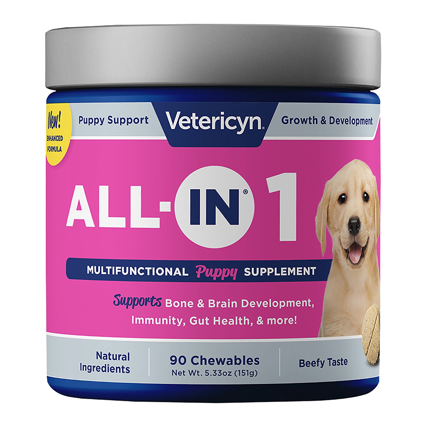 all-in puppy formula, 90 ct, yellow, bacon and cheese with liver powder