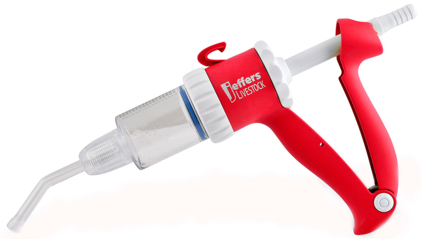 jeffers pour on gun for livestock animals, 70 ml, applicator gun with clear barrel, durable plastic dosing tool, precise 2 ml increments for cattle, sheep, goats, horses, veterinary & farm supplies