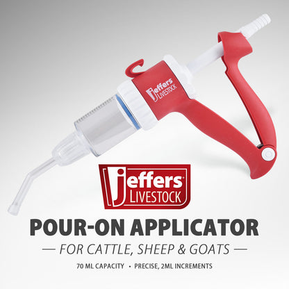 Jeffers Pour On Gun for Livestock Animals, 70 mL, Applicator Gun with Clear Barrel, Durable Plastic Dosing Tool, Precise 2 mL Increments for Cattle, Sheep, Goats, Horses, Veterinary & Farm Supplies