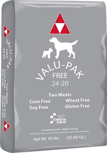 50 lb valupak 24/20 dog food (silver bag)