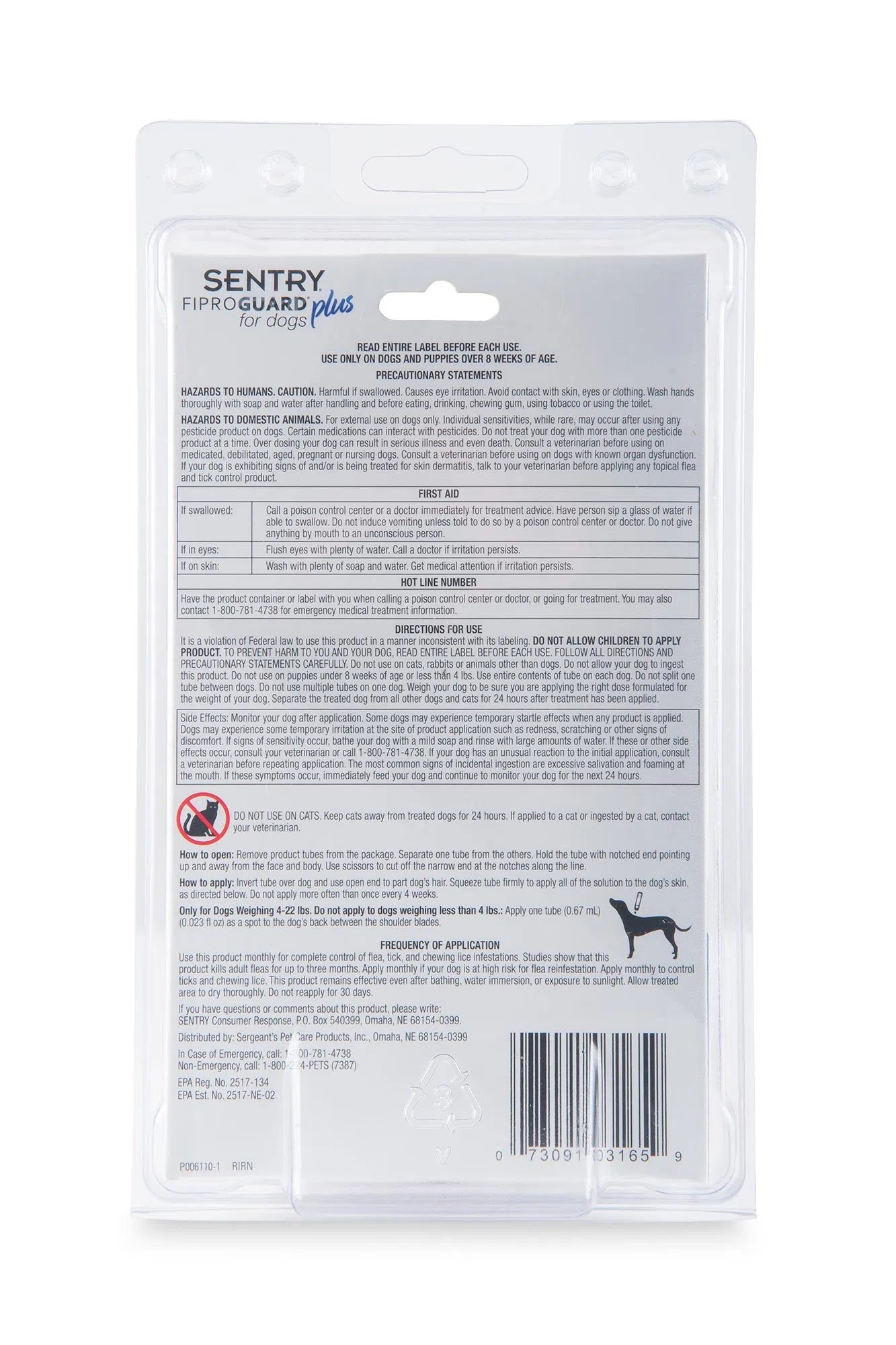 sentry fiproguard plus dog flea & tick spot-on- 4-22 lb- 6 count