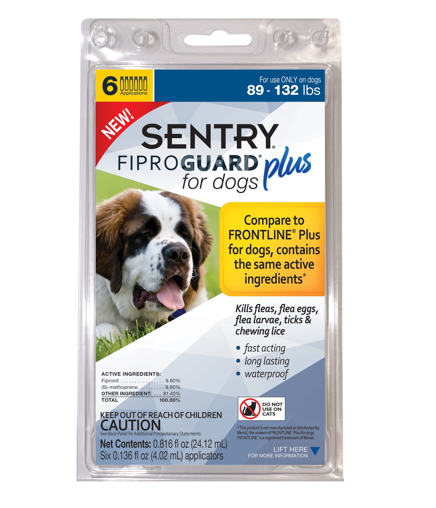 sentry fiproguard plusdog flea & tick spot-on - 89-132 lb. - 6 count