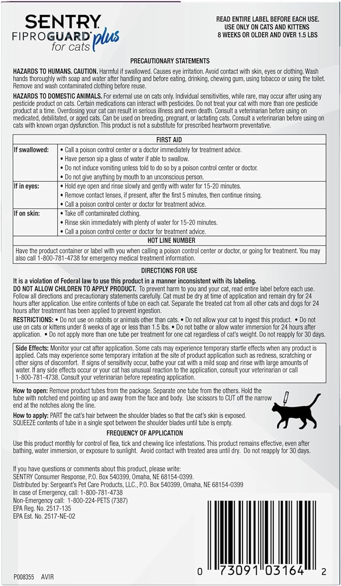 sentry fiproguard plus flea & tick spot-on cat- 3 pack