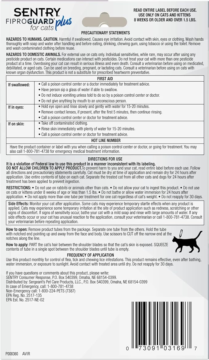 sentry fiproguard plus flea & tick spot-on cat - 6 pack